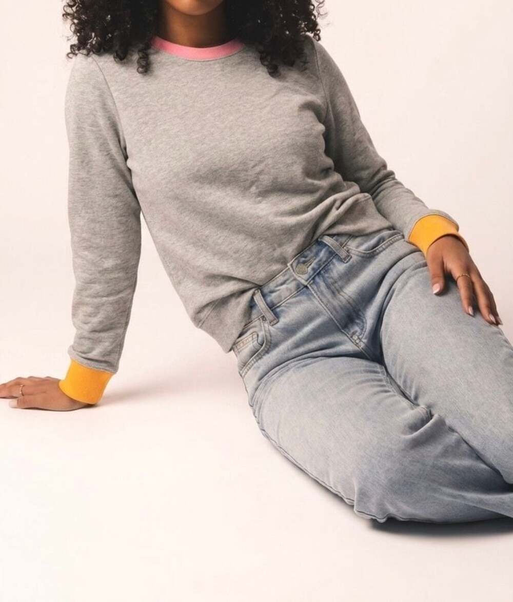 J.Crew Grey Sweatshirt with Contrast Pink Collar and Yellow Cuffs
